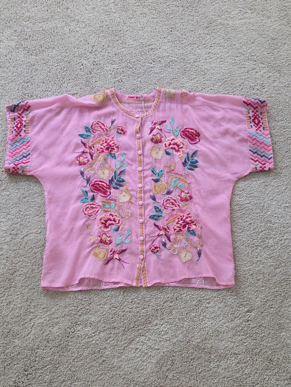 Johnny Was Pink Embroidered Floral Button-Front Blouse